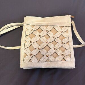 NEW-MELLOW WORLD IVORY LEATHERETTE+STUDS, WRISTLET, PURSE